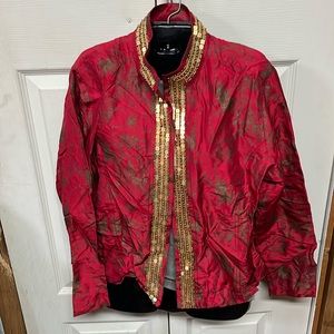 Chico’s Cropped Red Patterned Jacket Adorned with Gold Square Sequins Size 2